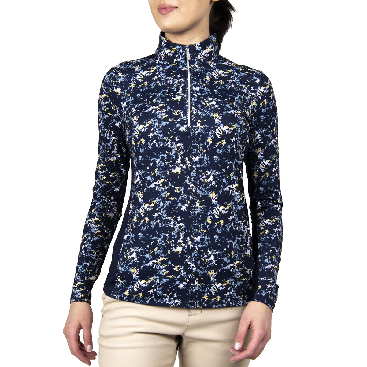 KJUS Women's Sunshine Printed Half Zip Sun Protection Golf Layer - Flax Yellow/Atlanta Blue