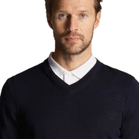 Lyle & Scott Tonal Eagle Merino Blend V Neck Knit - Dark Navy