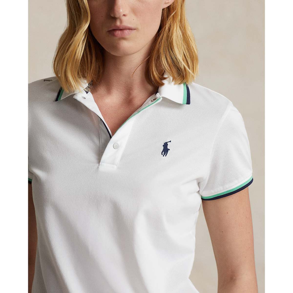 RLX Ralph Lauren Women's Tour Pique Golf Shirt - Pure White/Navy/Green