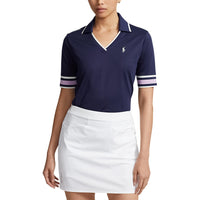 RLX Ralph Lauren Women's Tour Pique V-Neck Golf Polo Shirt - French Navy/Light Mauve/Chic Cream